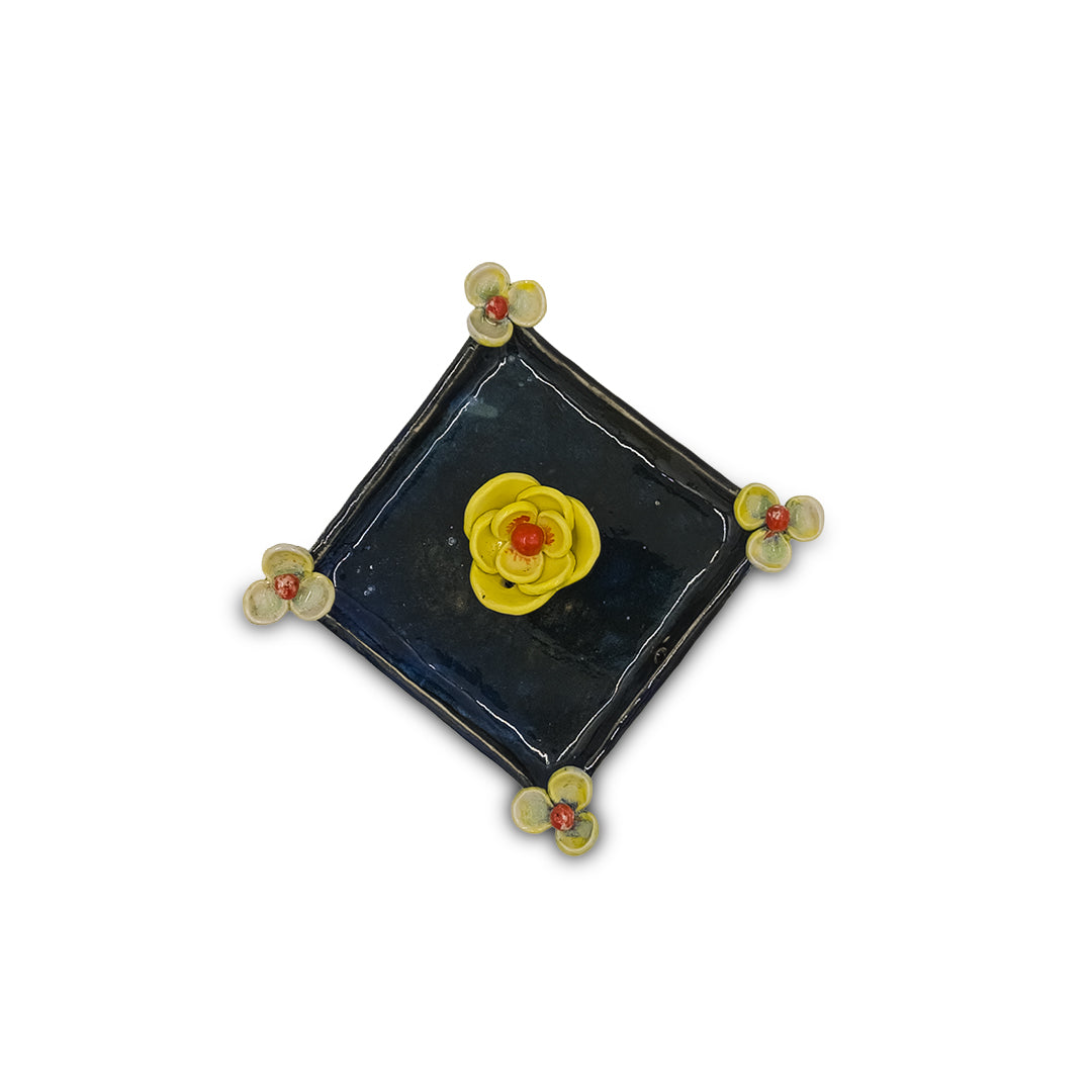 Hand-Painted Blue Ceramic Tissue Holder with Yellow Floral Accents/Ceramic paper holder