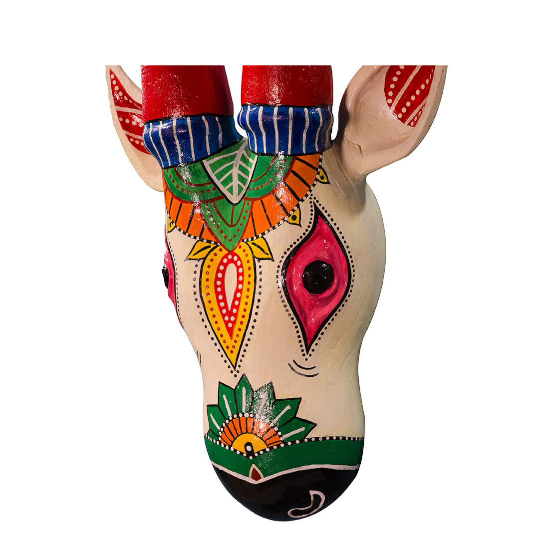 Colourful hand-painted White Bull head wall art